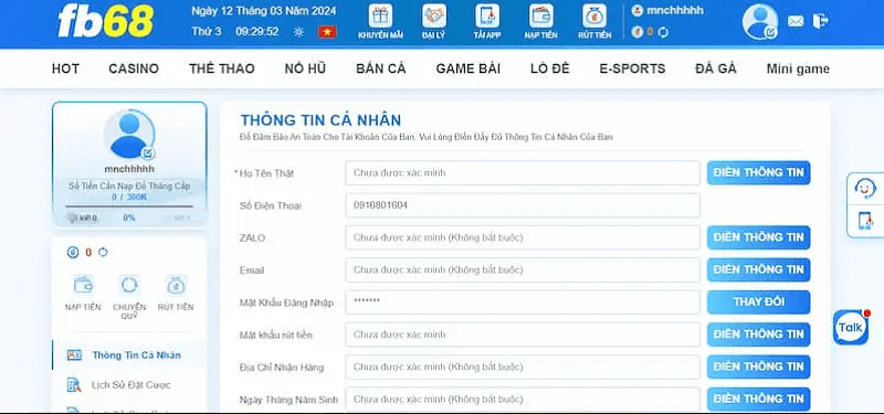 Cần xác thực tài khoản trước khi rút tiền FB68