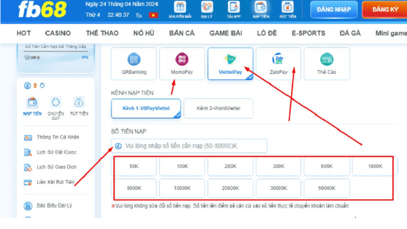 Nạp tiền FB68 bằng ví điện từ khá dễ dàng