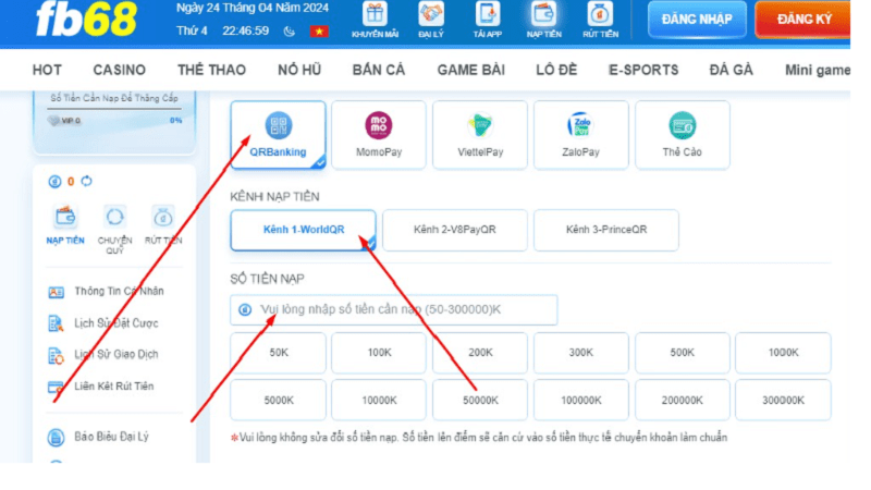 Nạp tiền FB68 thông qua chuyển khoản chỉ với vài thao tác